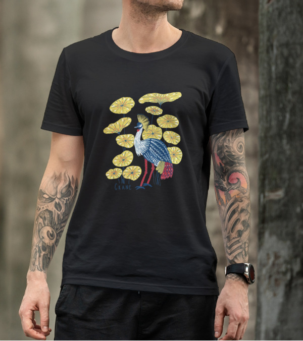 Crane Amidst Yellow Lotus Leaves T-Shirt