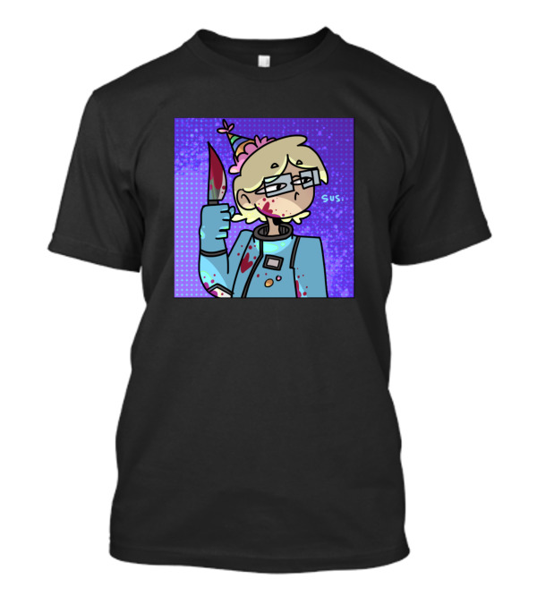 Cyan Sus Party Hat Knife Character With Glasses And Bloodstains T-Shirt