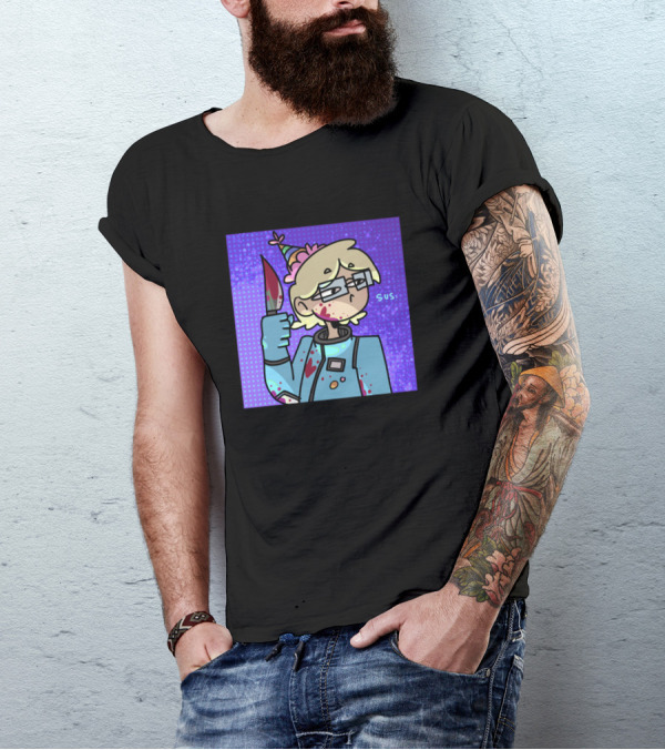 Cyan Sus Party Hat Knife Character With Glasses And Bloodstains T-Shirt