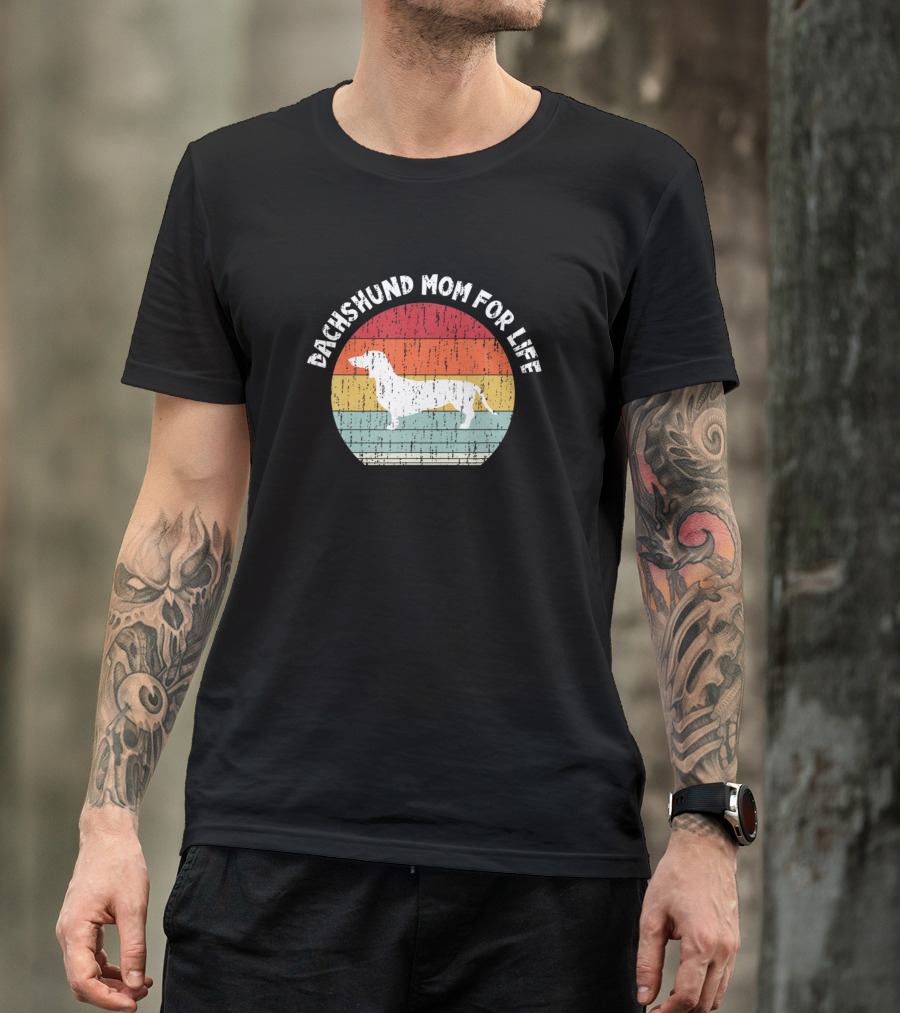 Dachshund Mom For Life Vintage Retro Striped T-Shirt
