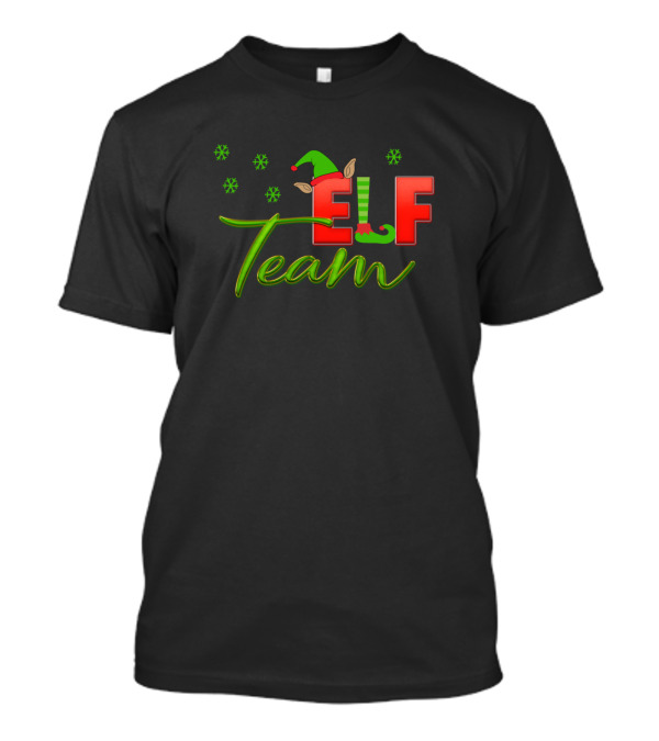 Elf Team Green Yellow Red Snowflakes Hat Ears Stripes T-Shirt