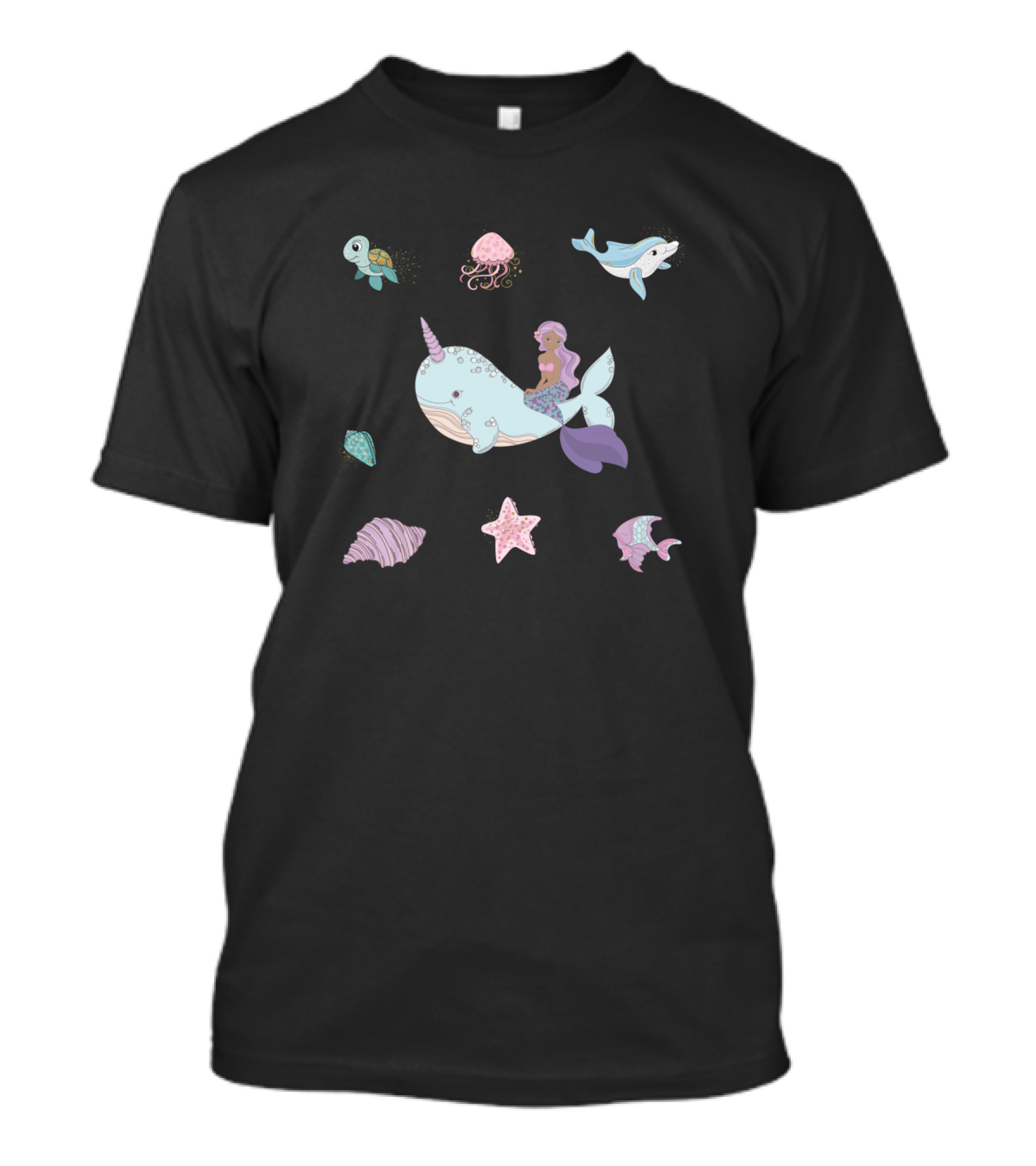 Mermaid Riding Narwhal With Sea Turtle, Starfish, Jellyfish, And Seahorse Companions T-Shirt