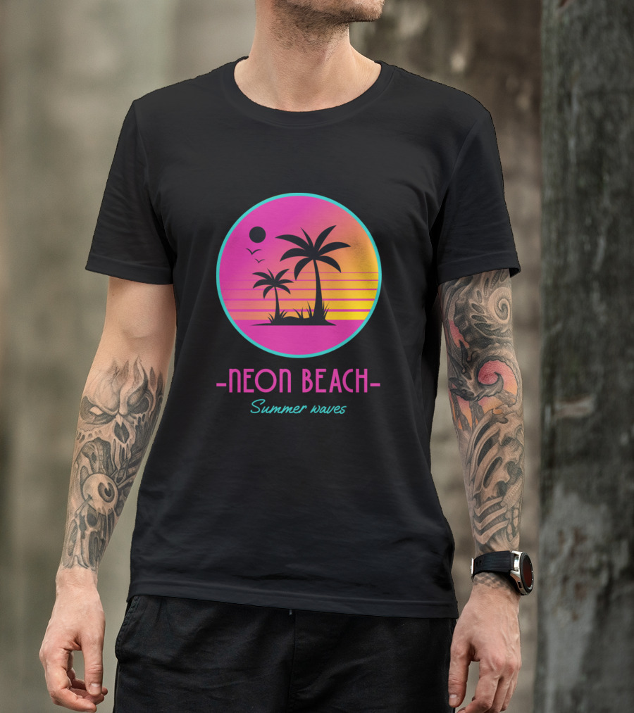 Neon Beach Summer Waves Palm Sunset T-Shirt