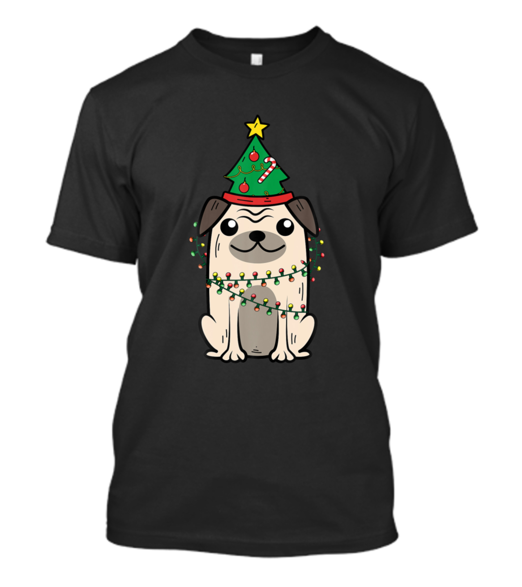 Pug Wrapped In Christmas Lights With Tree Hat Yuletide Puppy Fan T-Shirt