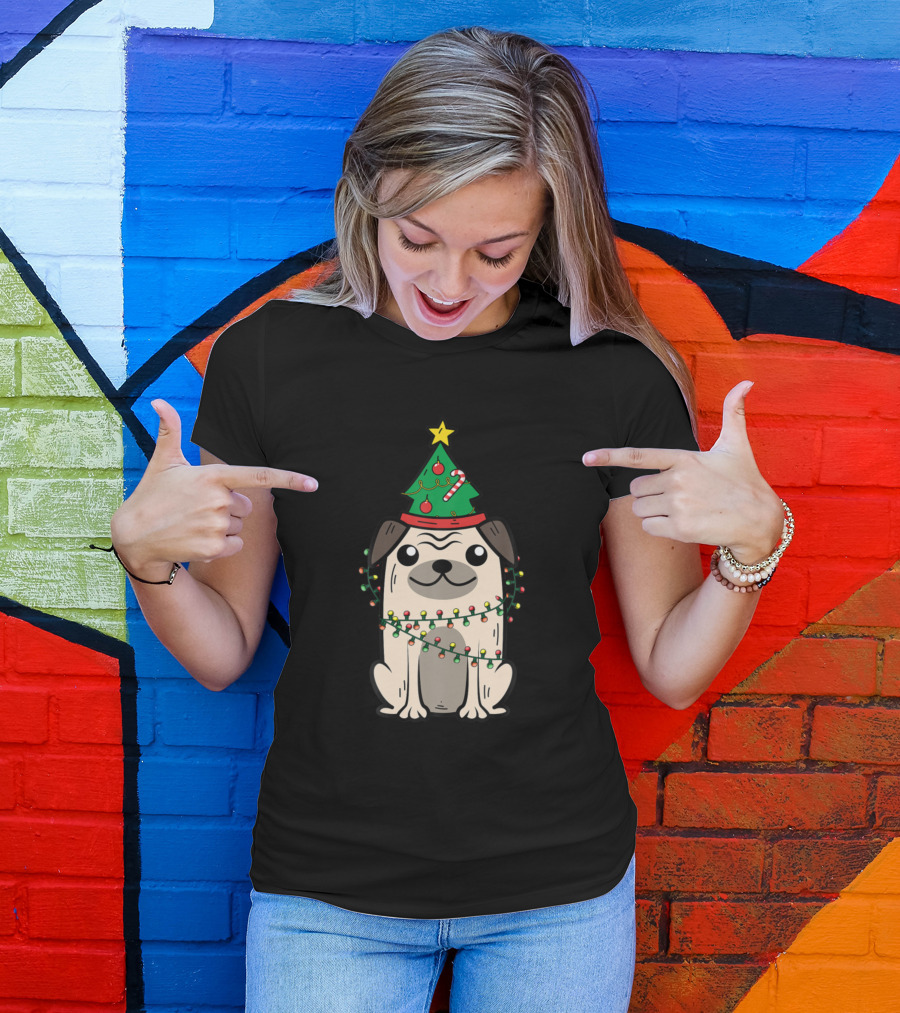 Pug Wrapped In Christmas Lights With Tree Hat Yuletide Puppy Fan T-Shirt