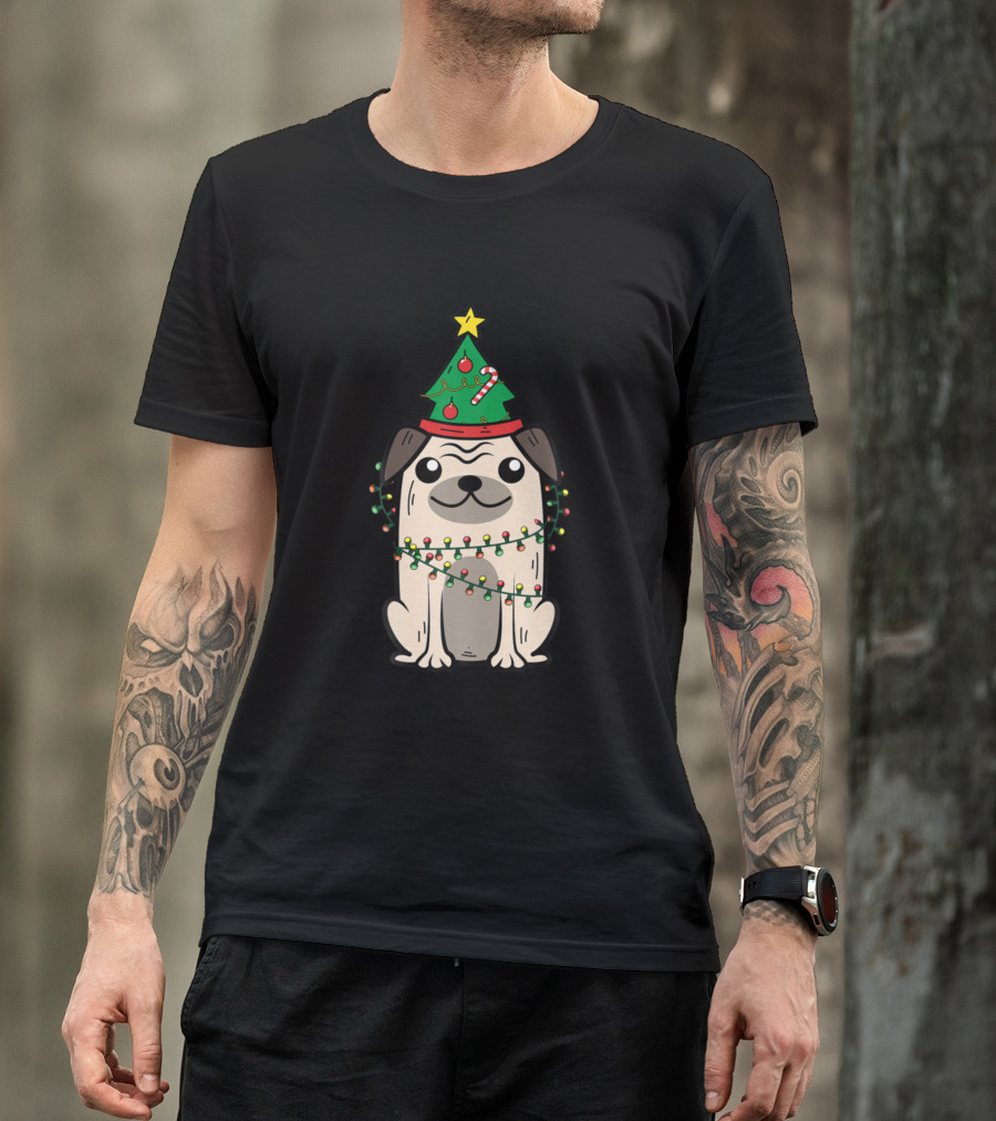 Pug Wrapped In Christmas Lights With Tree Hat Yuletide Puppy Fan T-Shirt