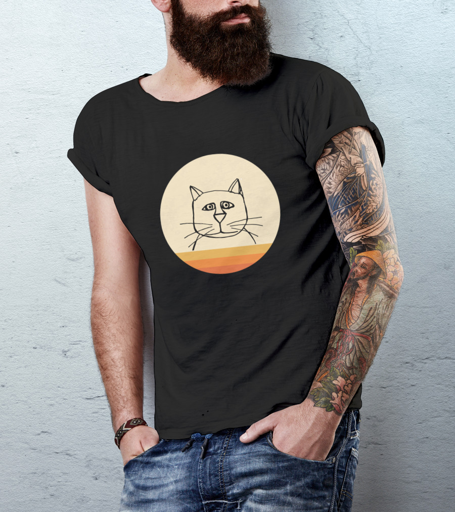 Retro Cat Line Drawing Face On Minimalist Background T-Shirt