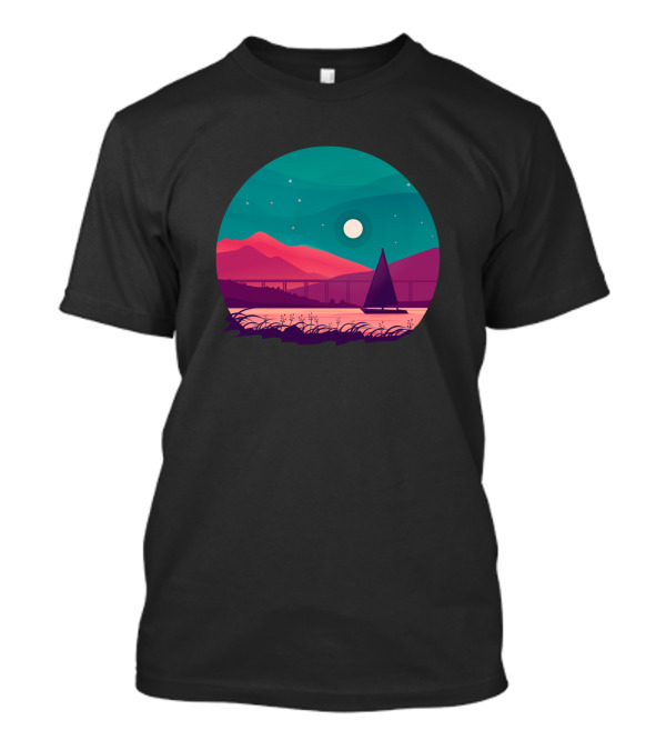 Sundown Moonlit Mountain Sailboat Nightscape T-Shirt