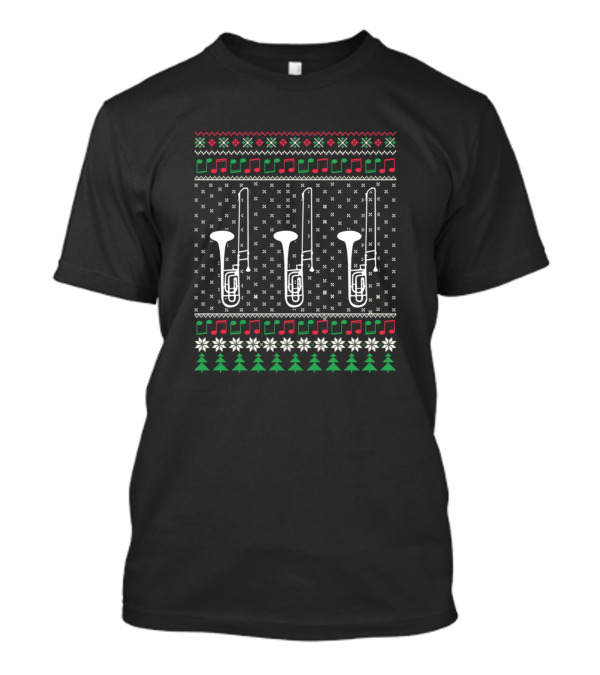 Xmas Trombone Trombonist Christmas Music Notes Trees Snowflakes T-Shirt