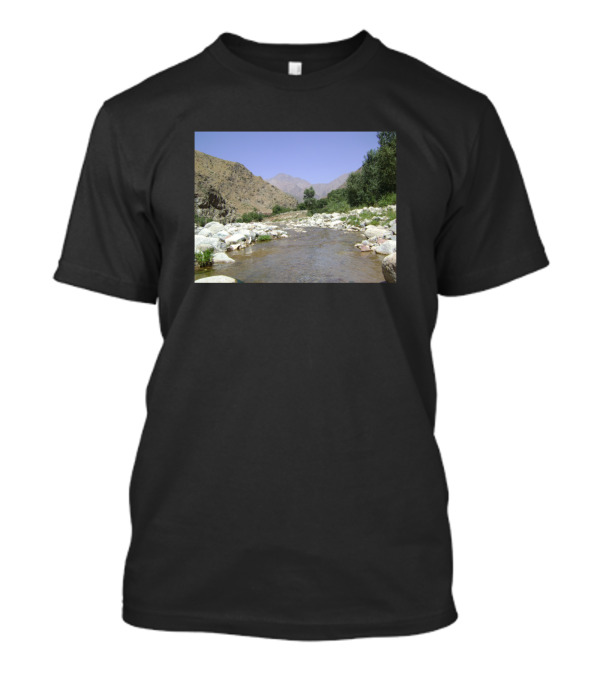 River Flowing Through Mountainous Landscape With Lush Greenery And Rocky Shores T-Shirt
