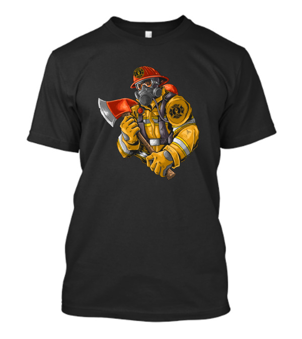 Firefighter In Gas Mask Holding Axe With Badge On Arm T-Shirt