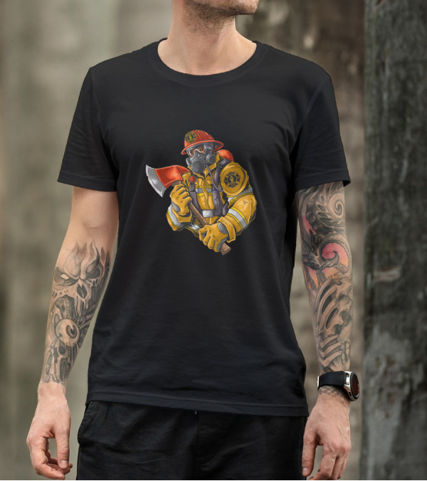 Firefighter In Gas Mask Holding Axe With Badge On Arm T-Shirt