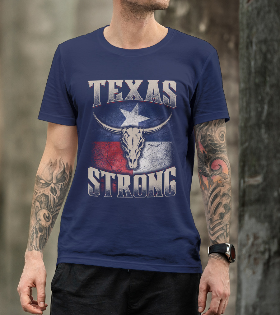 Texas Strong Longhorn Skull With Texas Flag T-Shirt
