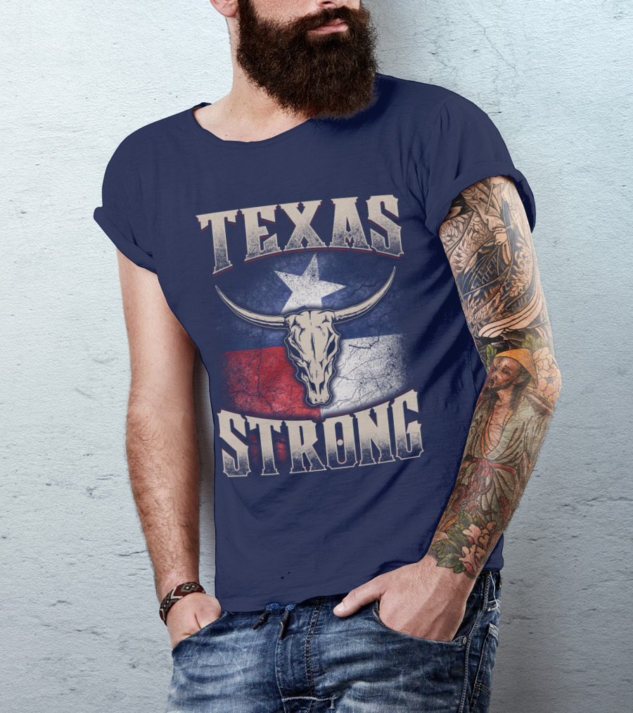 Texas Strong Longhorn Skull With Texas Flag T-Shirt