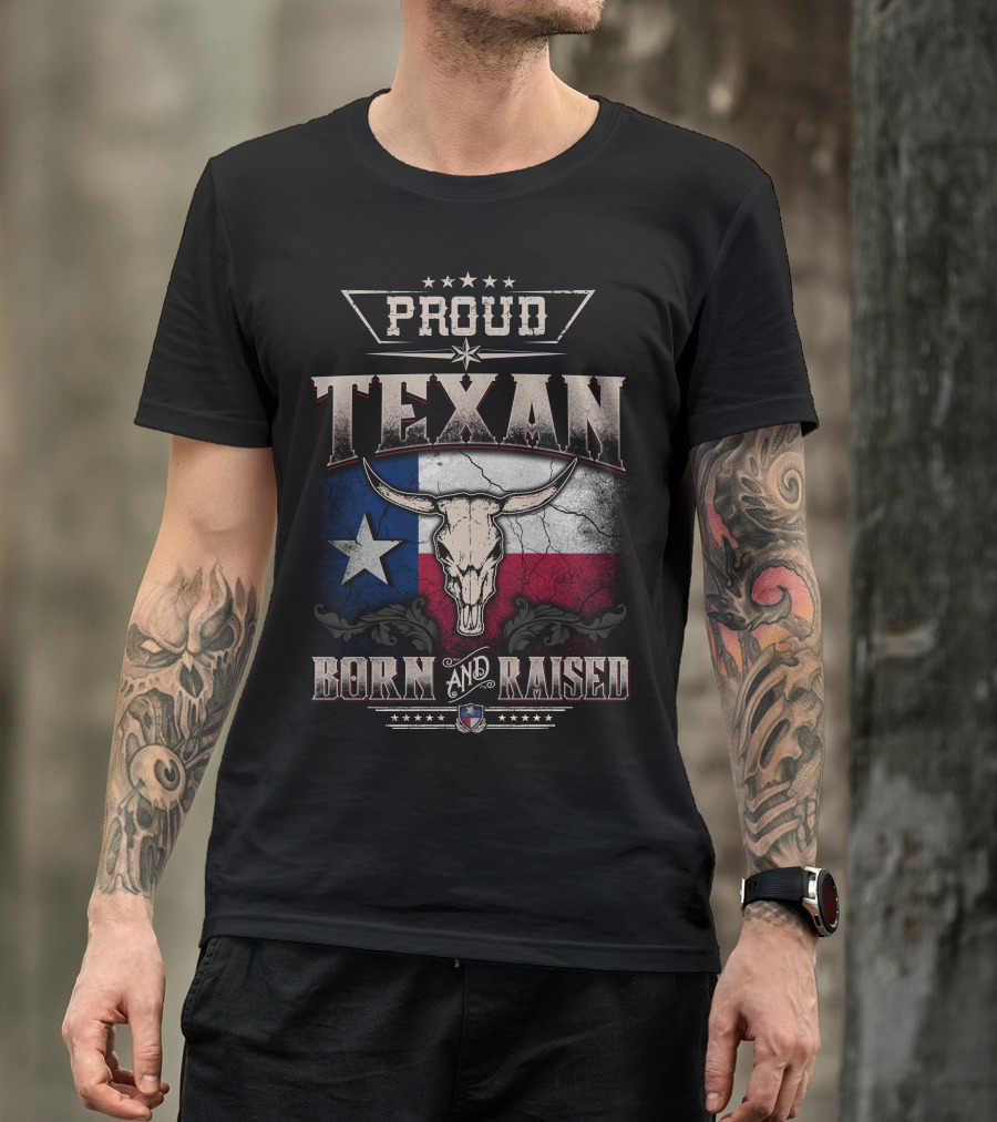 Proud Texan Born And Raised Texas Flag Longhorn Skull T-Shirt