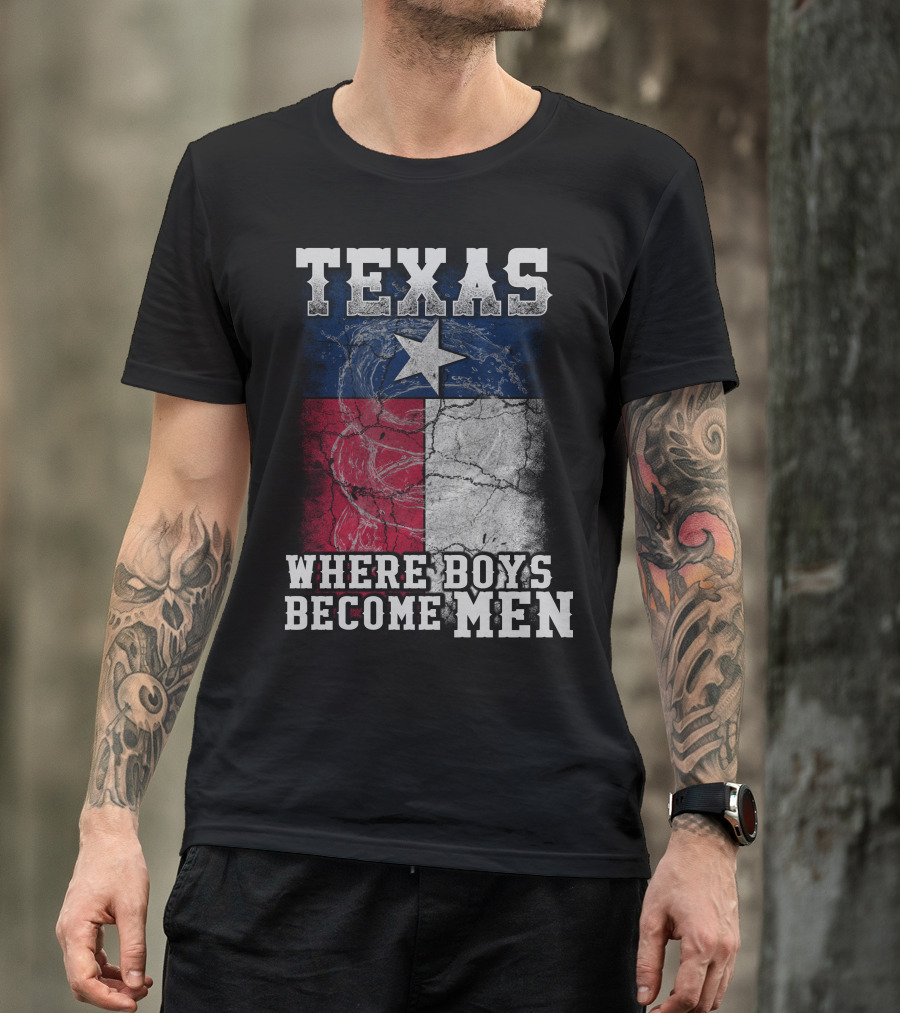 Texas Where Boys Become Men Lone Star Flag Cracked T-Shirt