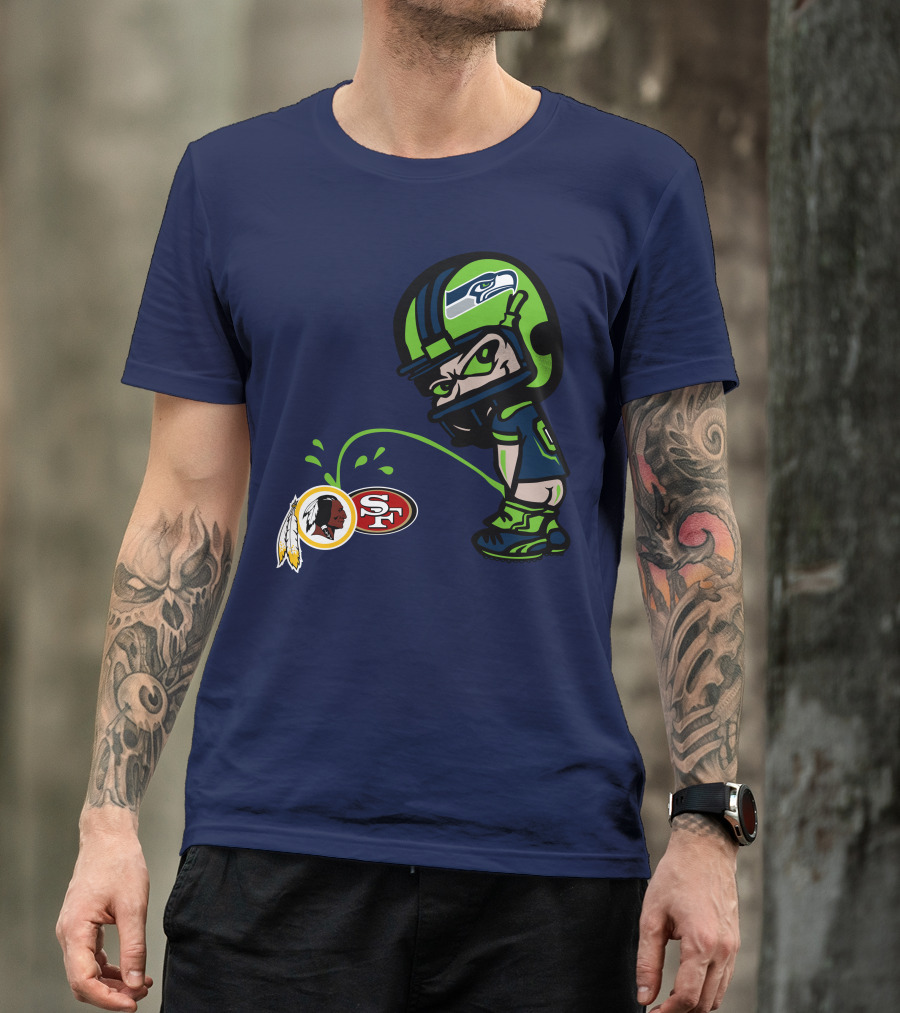 Seattle Seahawks Rivalry Cartoon With San Francisco 49ers And Washington Logos T-Shirt
