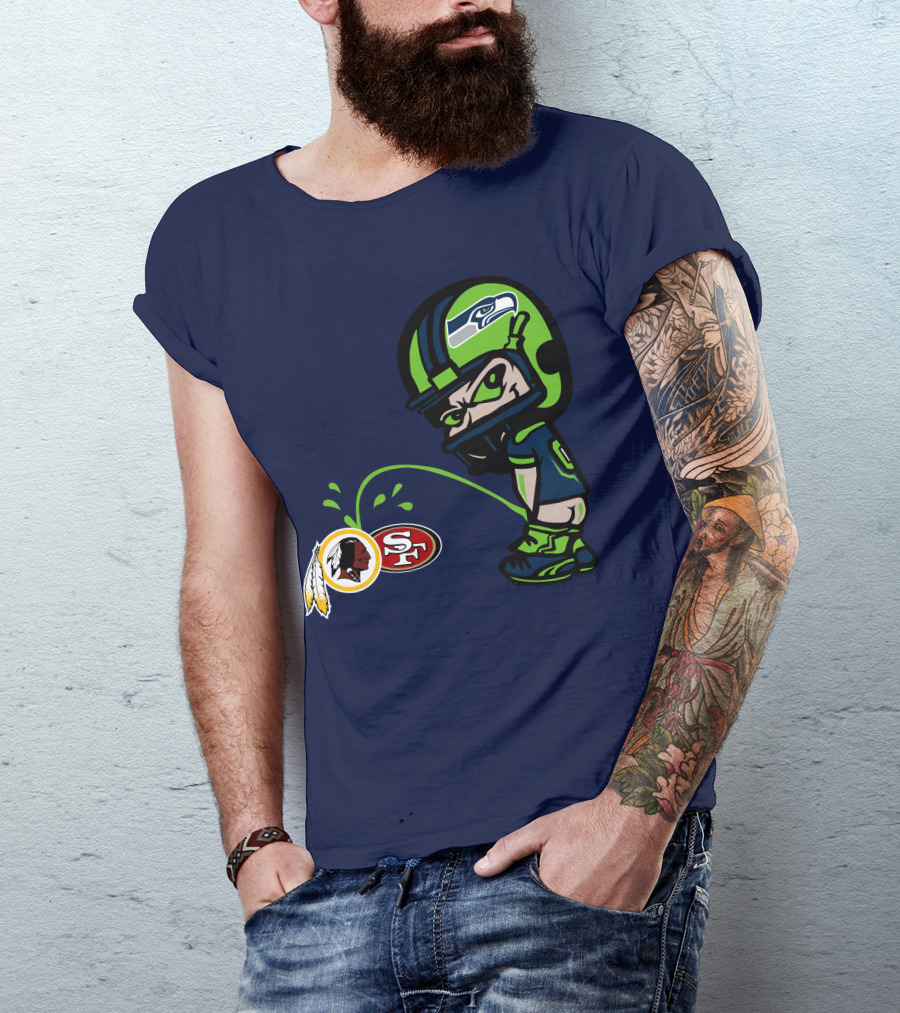 Seattle Seahawks Rivalry Cartoon With San Francisco 49ers And Washington Logos T-Shirt