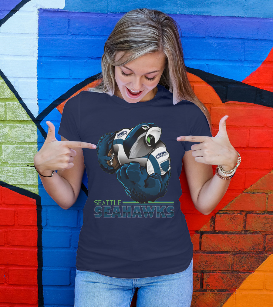 Seattle Seahawks Powerful Mascot With Football Iconic Team Spirit T-Shirt