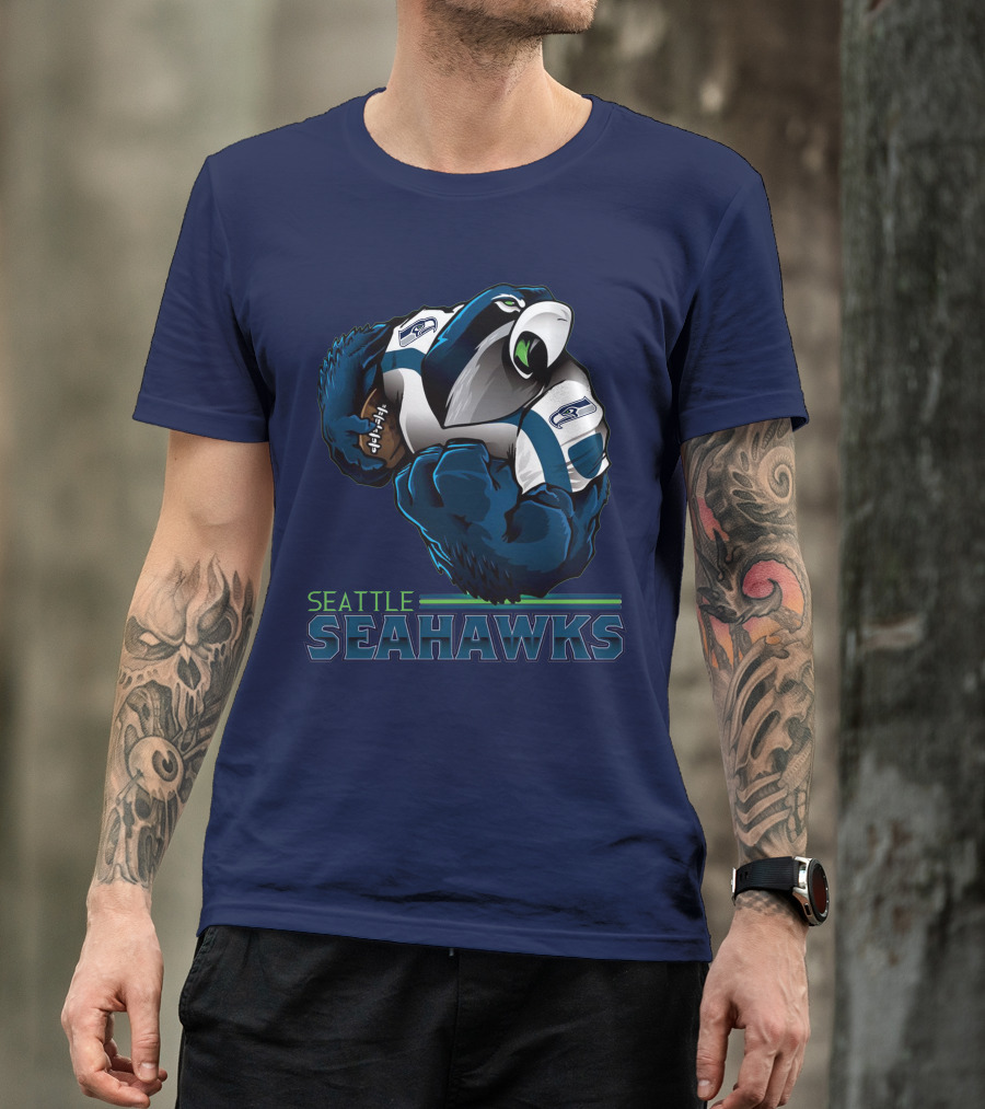 Seattle Seahawks Powerful Mascot With Football Iconic Team Spirit T-Shirt