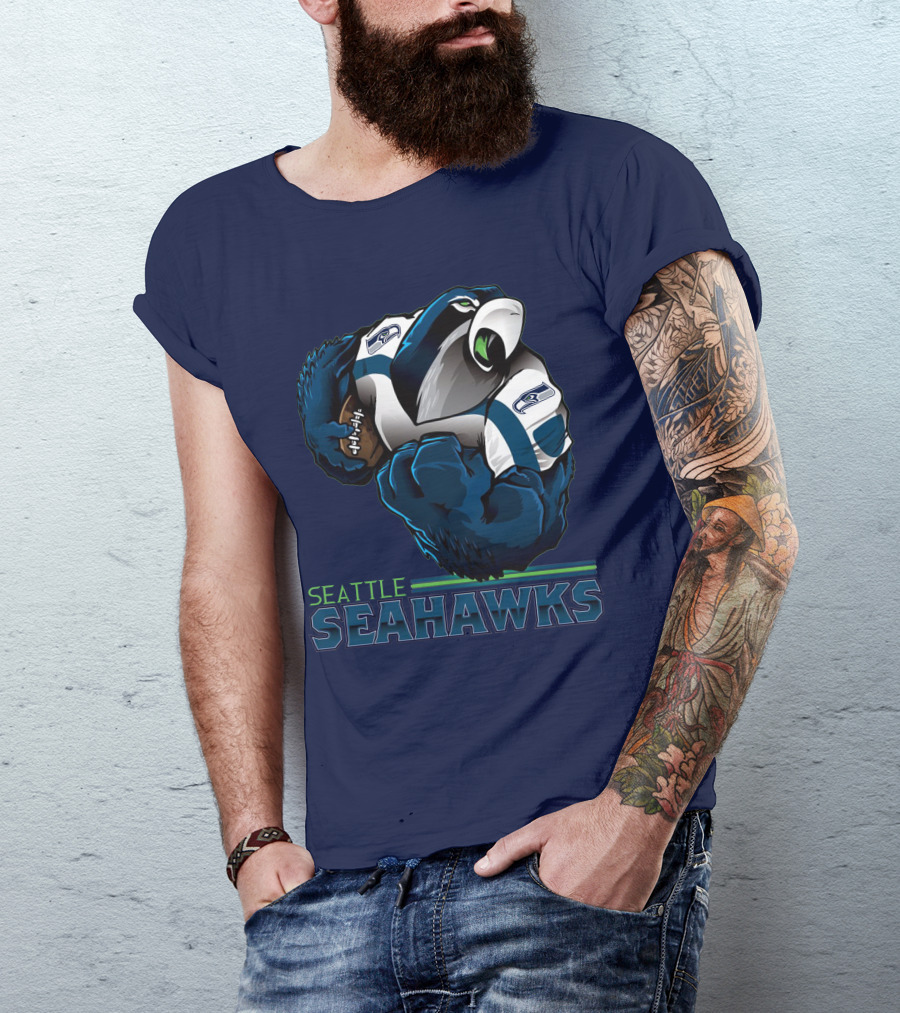 Seattle Seahawks Powerful Mascot With Football Iconic Team Spirit T-Shirt