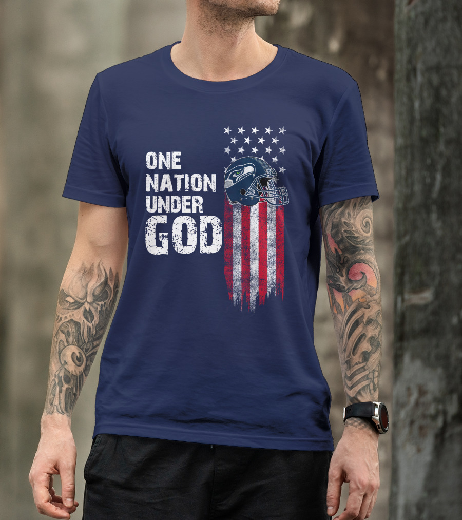 One Nation Under God Seattle Seahawks Flag Helmet Stars Stripes T-Shirt
