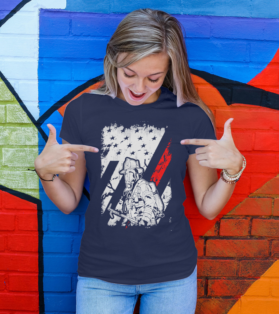 The Firefighters American Flag Tribute Heroic Firefighter With Axe And Stars And Stripes T-Shirt