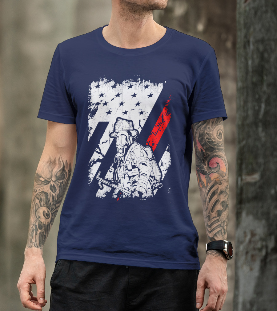 The Firefighters American Flag Tribute Heroic Firefighter With Axe And Stars And Stripes T-Shirt