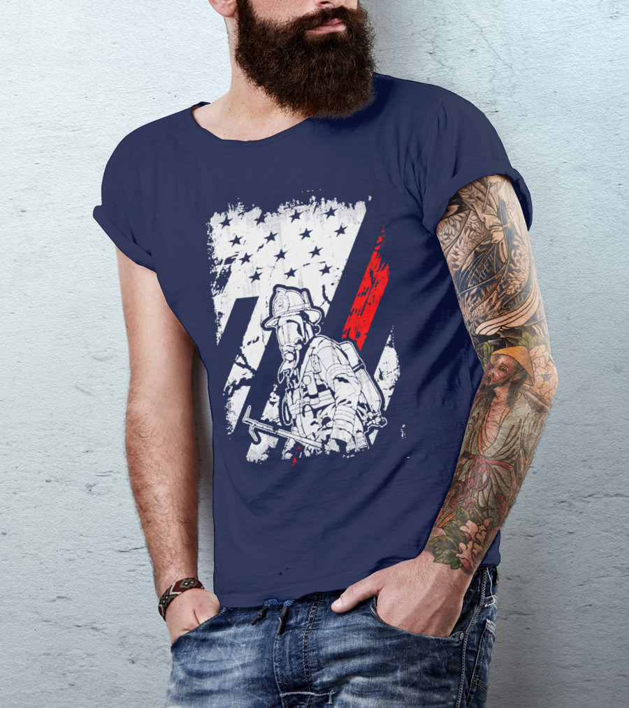 The Firefighters American Flag Tribute Heroic Firefighter With Axe And Stars And Stripes T-Shirt
