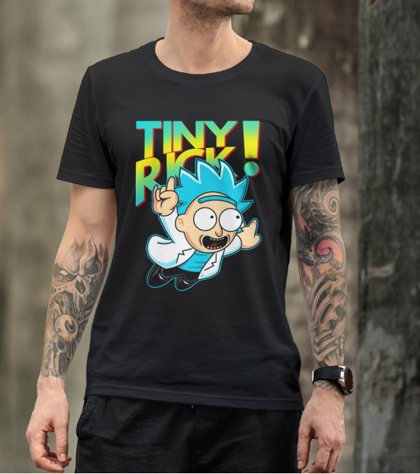 Tiny Rick Flying Character With Blue Hair And White Lab Coat T-Shirt