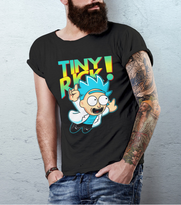 Tiny Rick Flying Character With Blue Hair And White Lab Coat T-Shirt