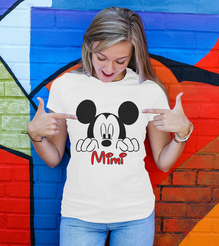 Mickey Mimi Peeking Face Iconic Black Red T-Shirt
