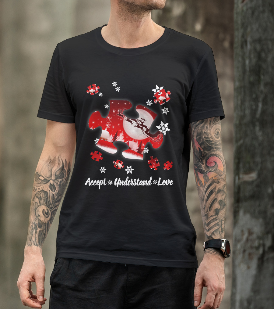 Accept Understand Love Autism Puzzle Christmas Snowflakes Santa Sleigh T-Shirt