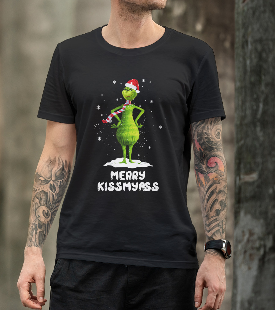 Merry KissMyAss Grinch Santa Hat Scarf Snowflakes T-Shirt
