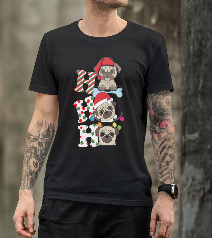 Ho Ho Ho Christmas Pug With Santa Hats And Holiday Lights T-Shirt
