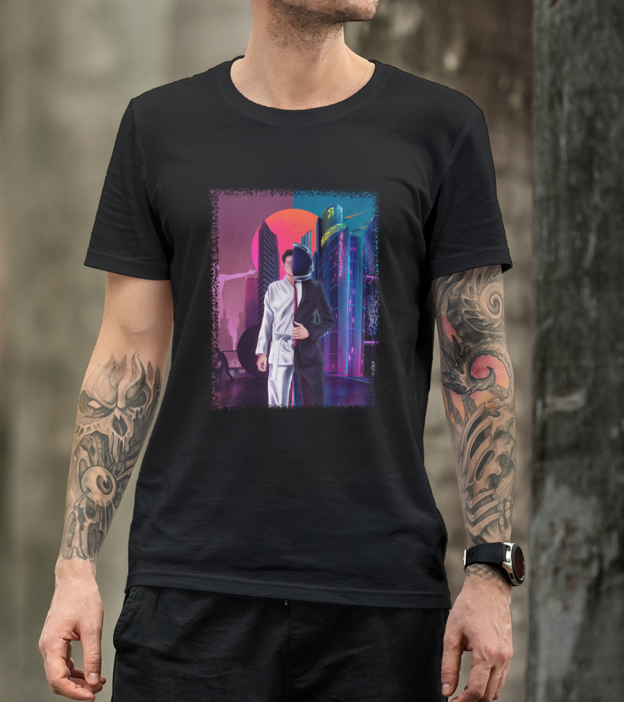 Half Taekwondo Spaceman Futuristic Cityscape Duality T-Shirt