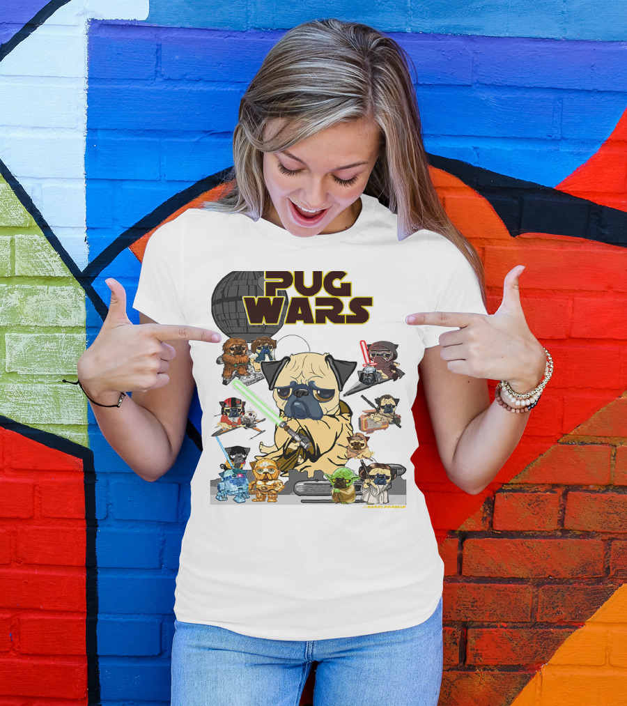 Pug Wars Star Parody With Iconic Characters And Spaceships T-Shirt
