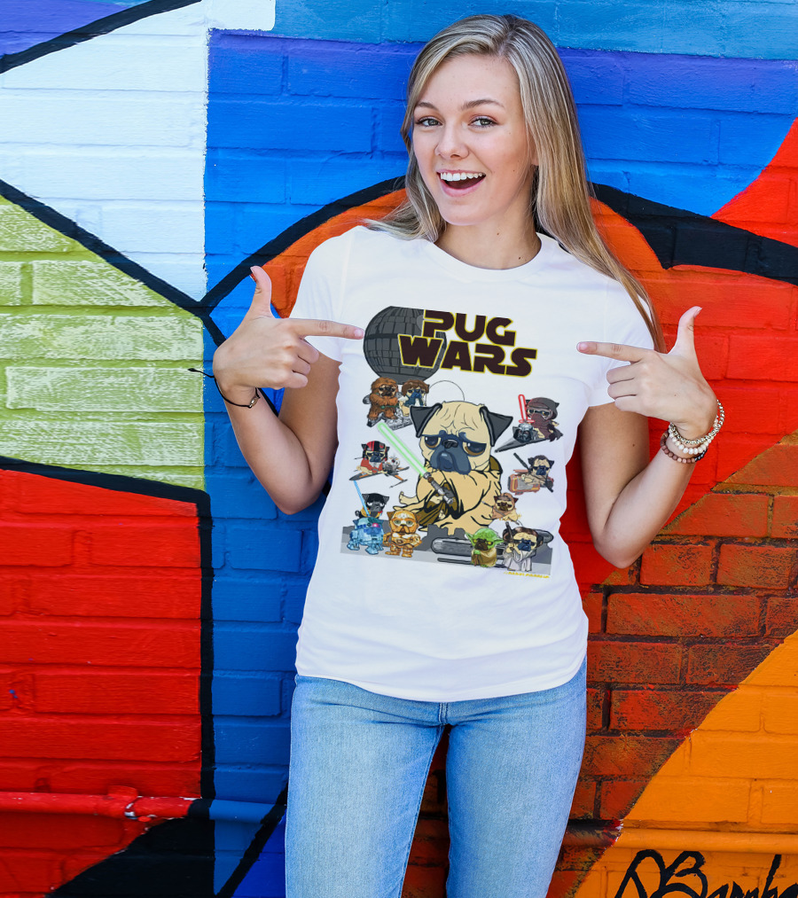 Pug Wars Star Parody With Iconic Characters And Spaceships T-Shirt