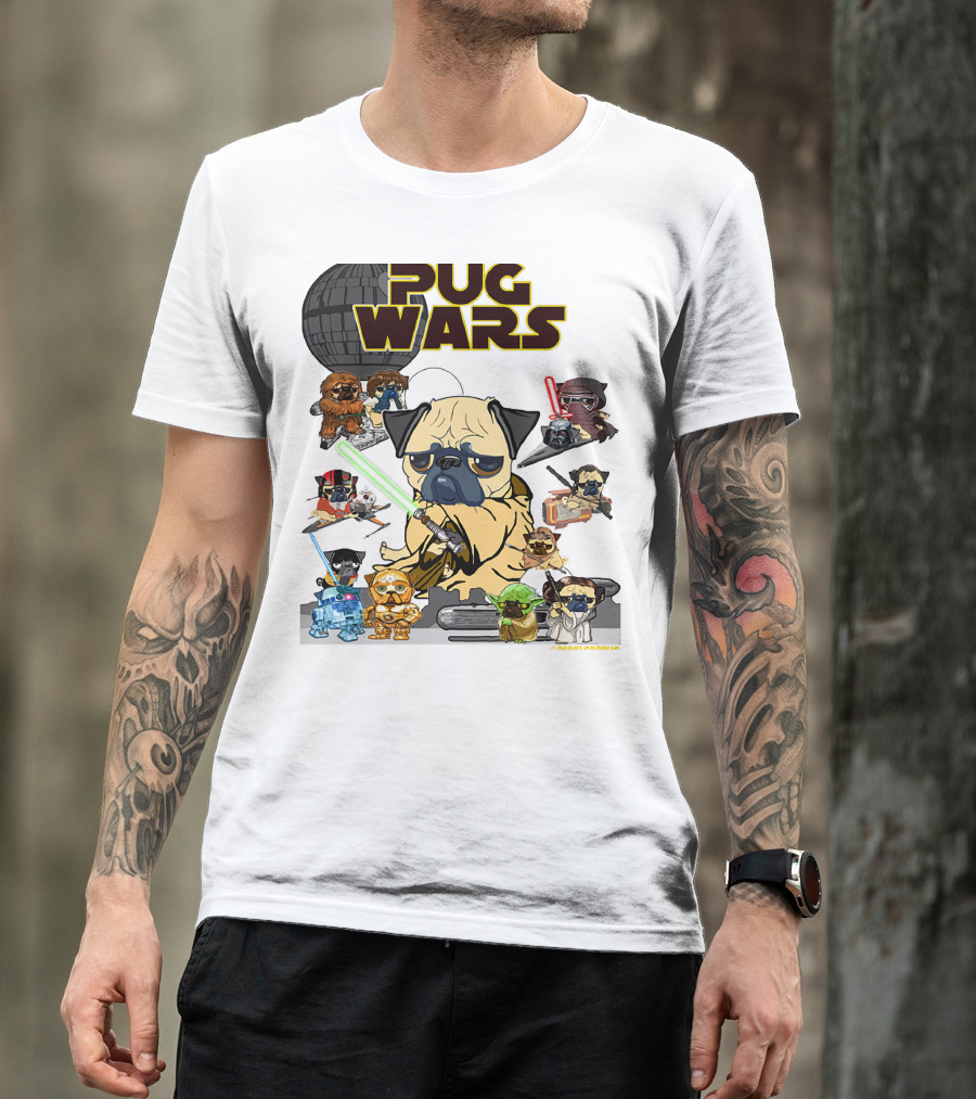 Pug Wars Star Parody With Iconic Characters And Spaceships T-Shirt