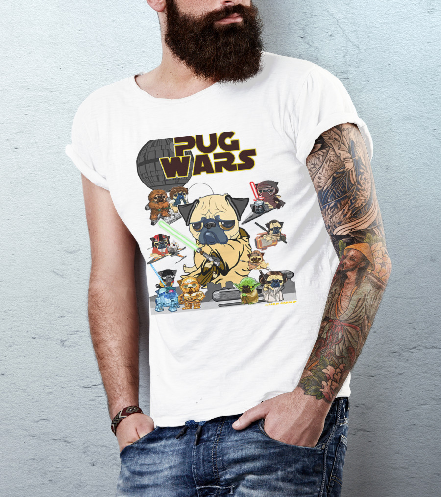Pug Wars Star Parody With Iconic Characters And Spaceships T-Shirt