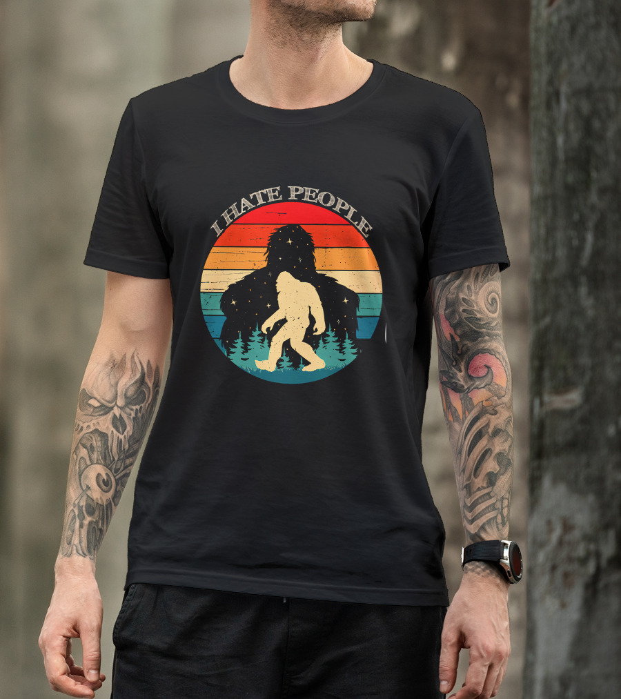 I Hate People Bigfoot Retro Sunset Forest Scene T-Shirt