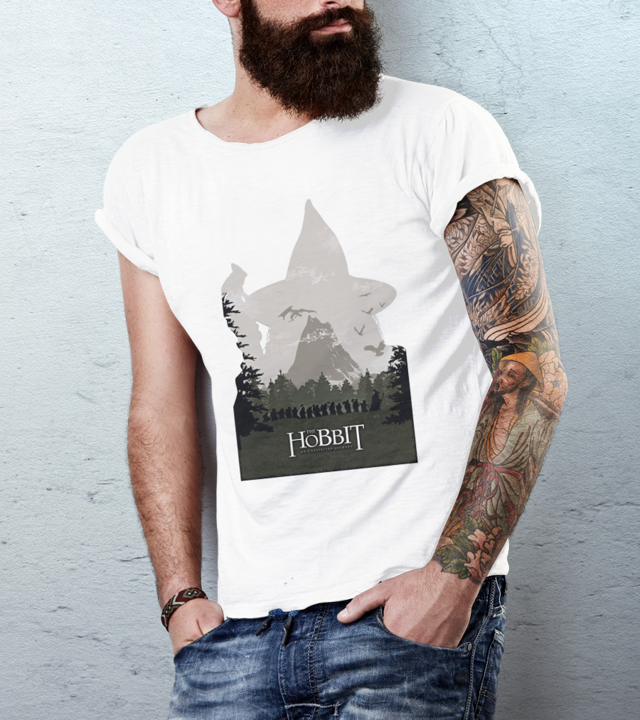 The Hobbit An Unexpected Journey Silhouette Scene With Gandalf Hat And Forest Background T-Shirt