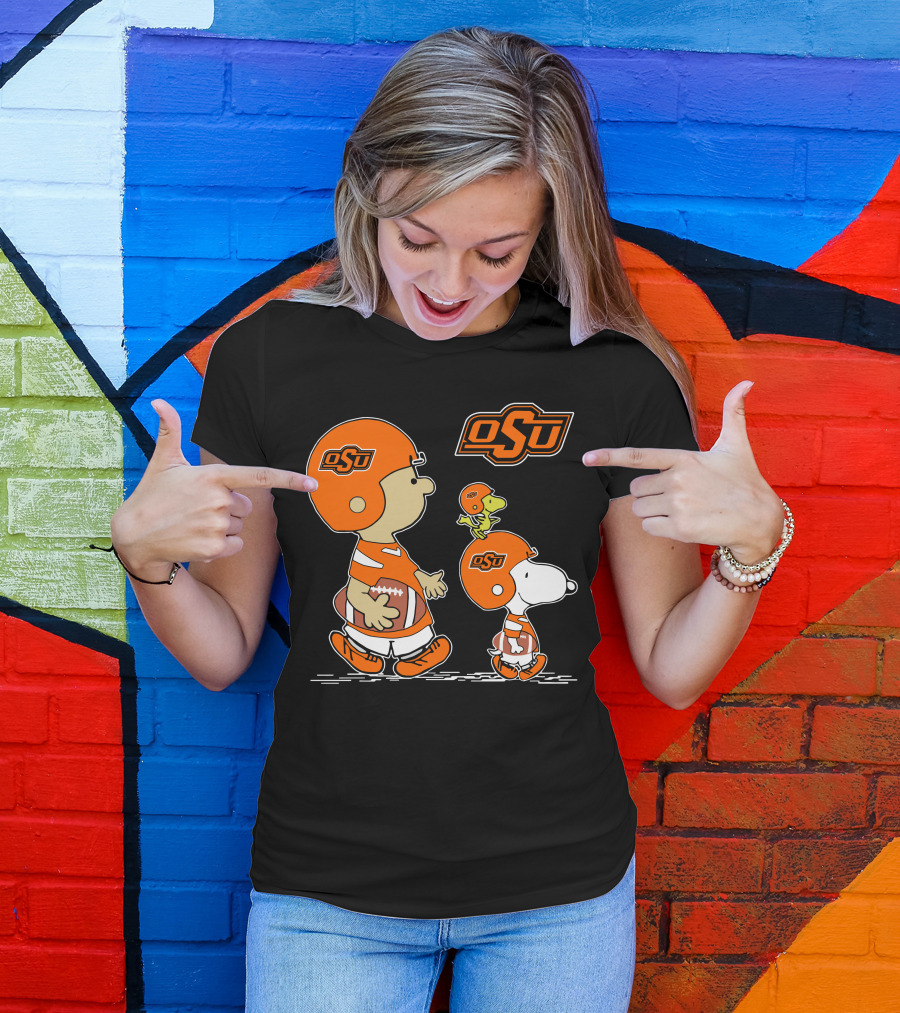 Osu Oklahoma State Cowboys Peanuts Football Collaboration With Snoopy And Woodstock T-Shirt