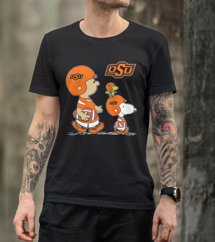 Osu Oklahoma State Cowboys Peanuts Football Collaboration With Snoopy And Woodstock T-Shirt