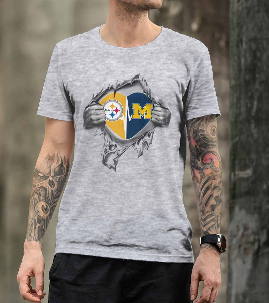 Michigan Wolverines Heartbeat Pittsburgh Steelers Logo Fusion T-Shirt