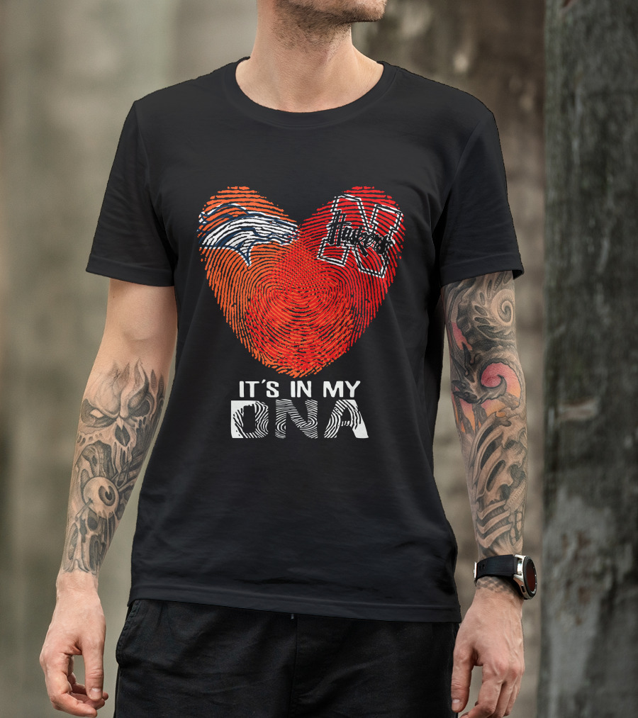 Denver Broncos Nebraska Cornhuskers Heart Thumbprint It's In My DNA T-Shirt