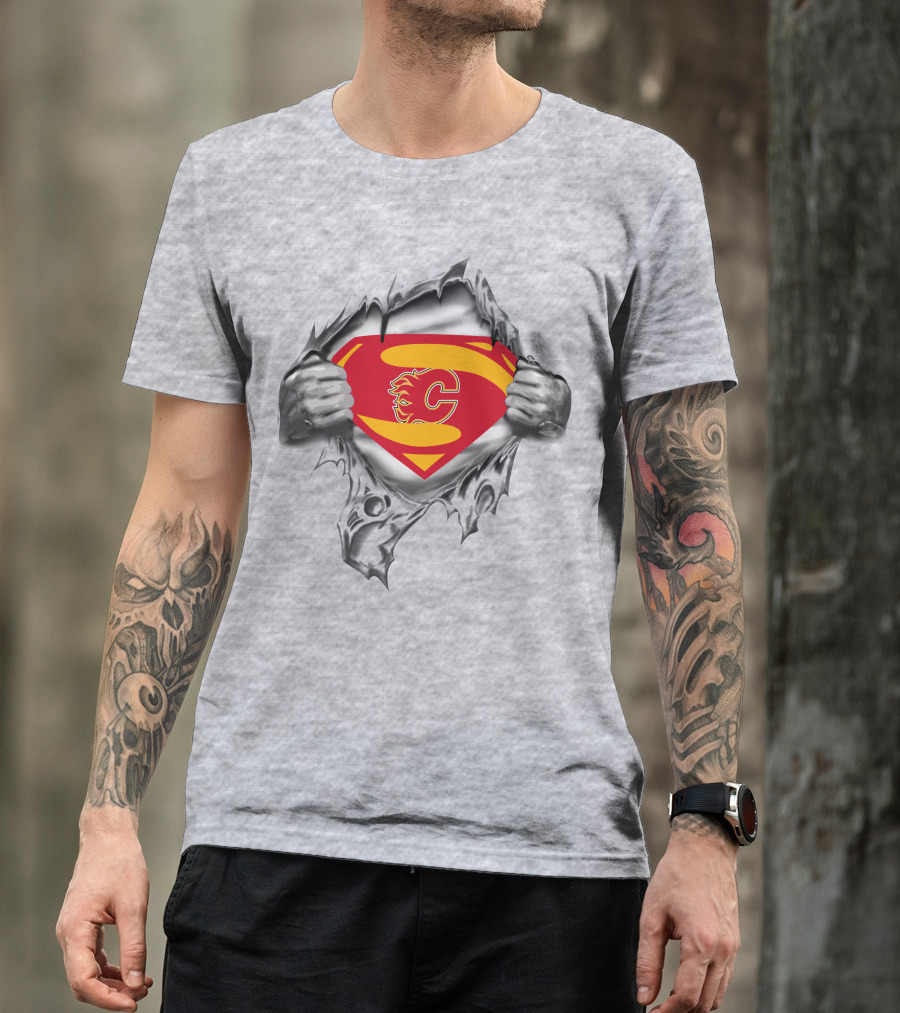 Calgary Flames Superman Logo Peeking Through Ripped Costume T-Shirt