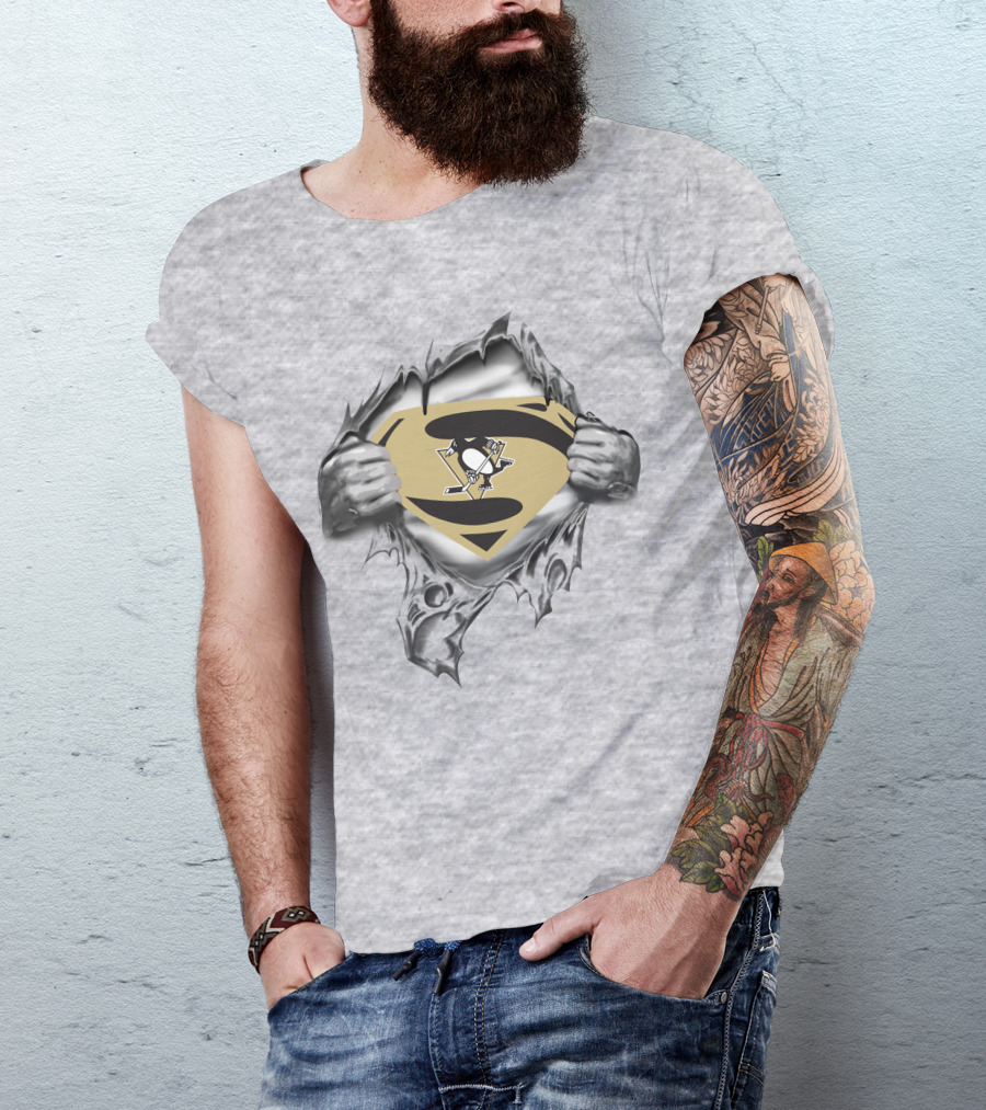 Pittsburgh Penguins Superman Emblem Unveiling Hockey Fan Fusion T-Shirt