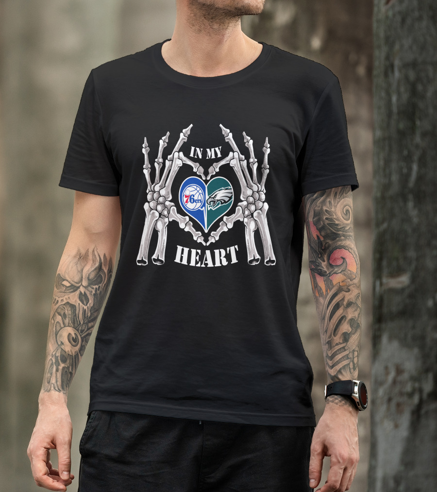 Eagles 76Ers Logos In Skeleton Heart Hands T-Shirt