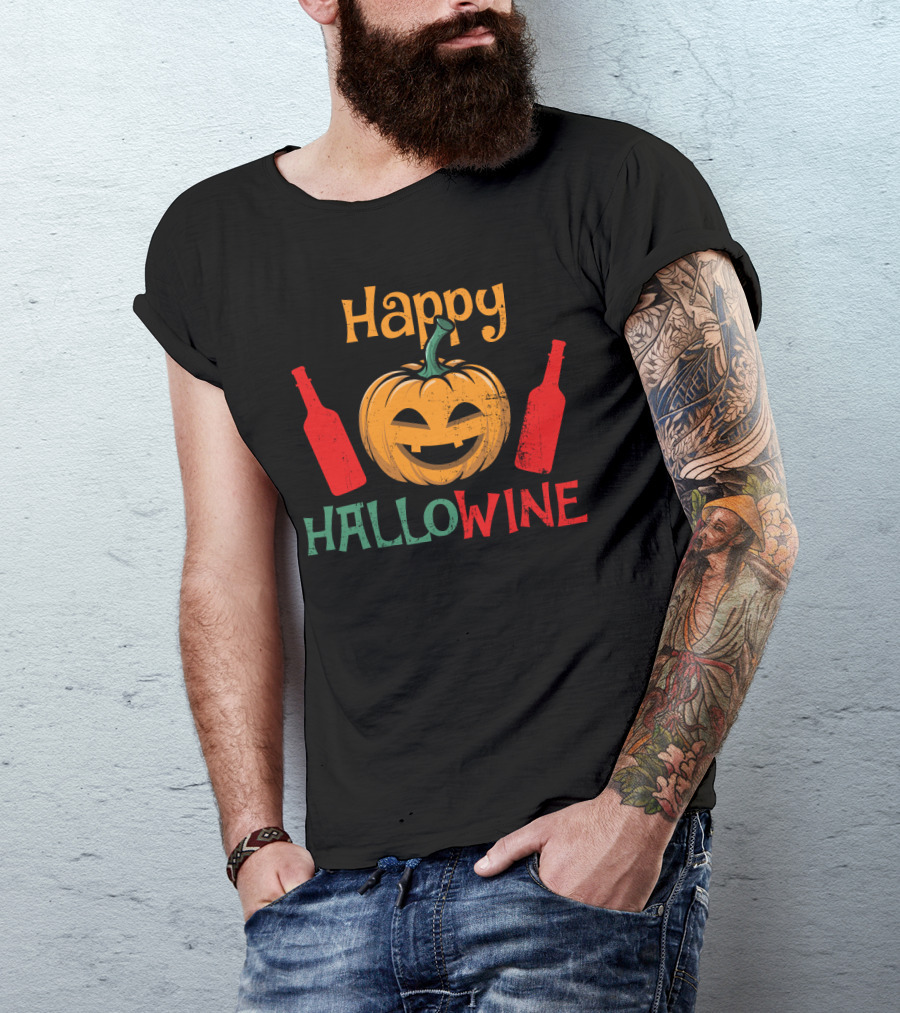 Happy Hallo Wine Pumpkin Jack-O'-Lantern With Wine Bottles T-Shirt